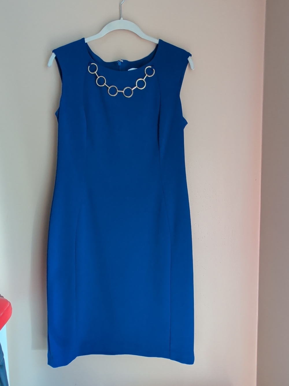 Calvin Klein Sz 12 Royal Blue Gold Collared Chain Sleeveless Womens Sheath Dress